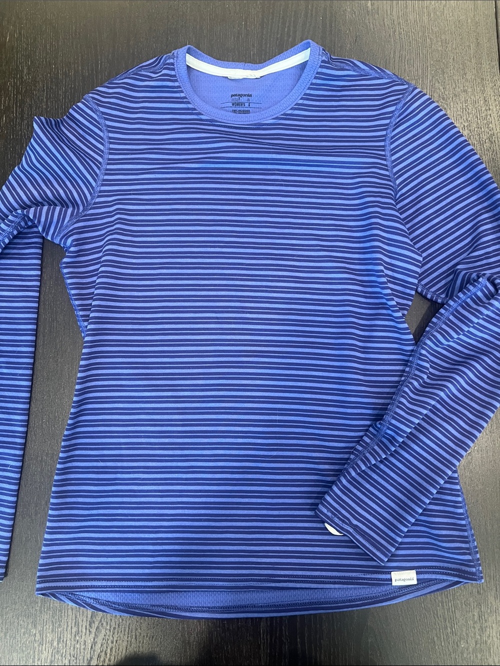 Patagonia Navy and Cobalt Blue/Mauve Striped Long Sleeve Base Layer